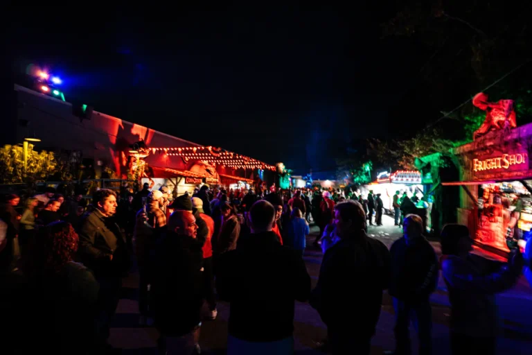 Busy Fright Kingdom midway at night with colorful lights