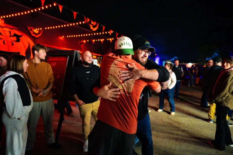 Two friends hugging during the Nashoba Springs Fright Kingdom outing